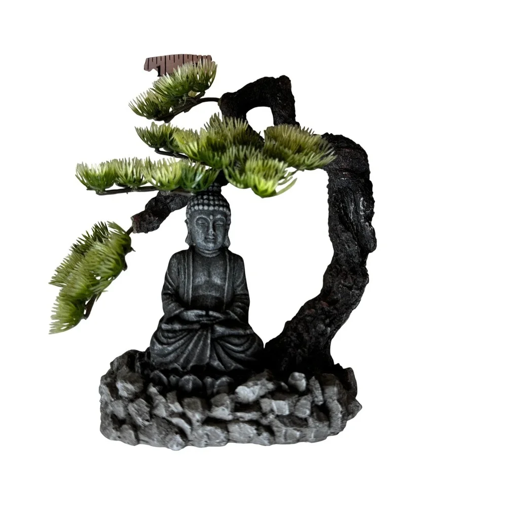 Buddha Statue with Bonsai Tree Aquarium Ornament Resin Zen Decor 8 Inch